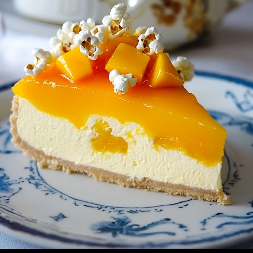 Mango Cheesecake with Popcorn Topping